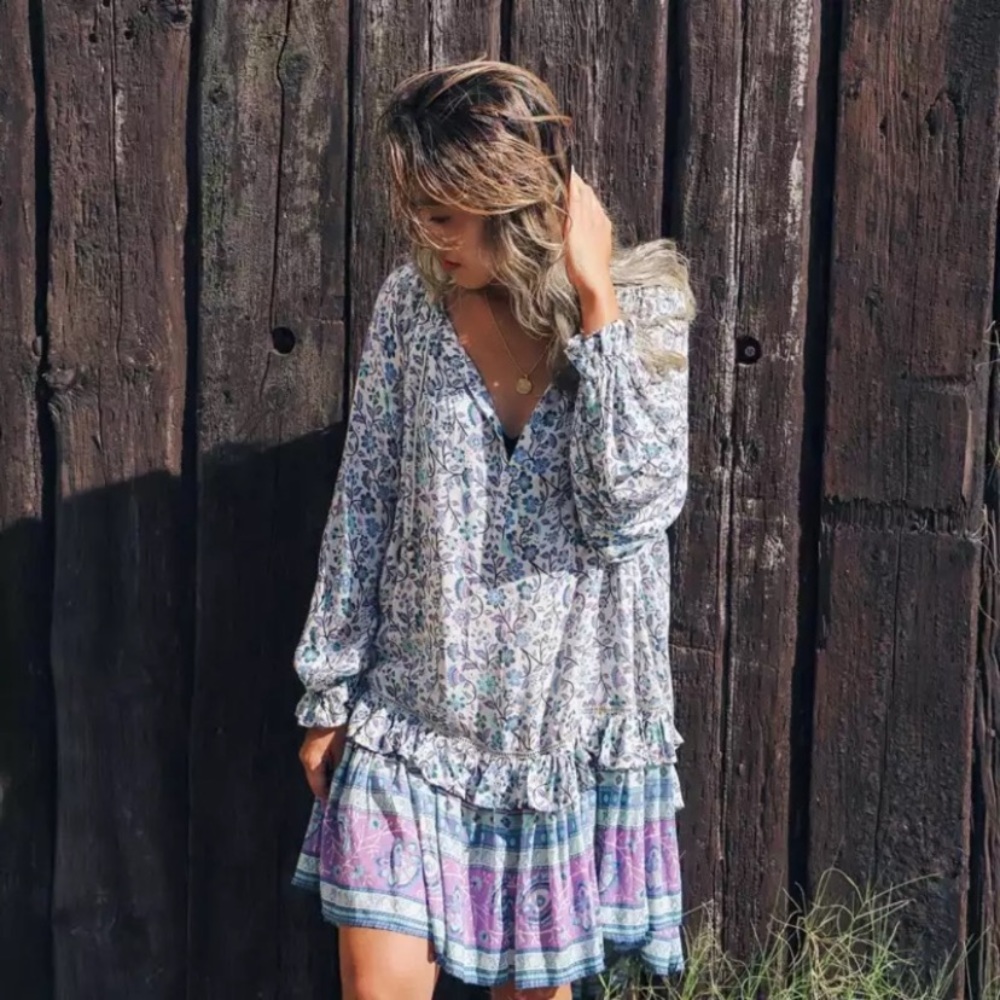 SOLD OUT Purple & Teal Gypsy Boho Festival Floral Dress - Picture 4 of 9